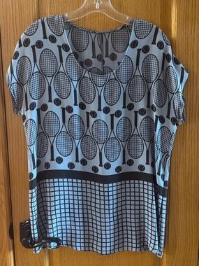 Cute Summer Short Sleeve Top Tee Shirt with Tennis Rackets & Balls on Pale Blue